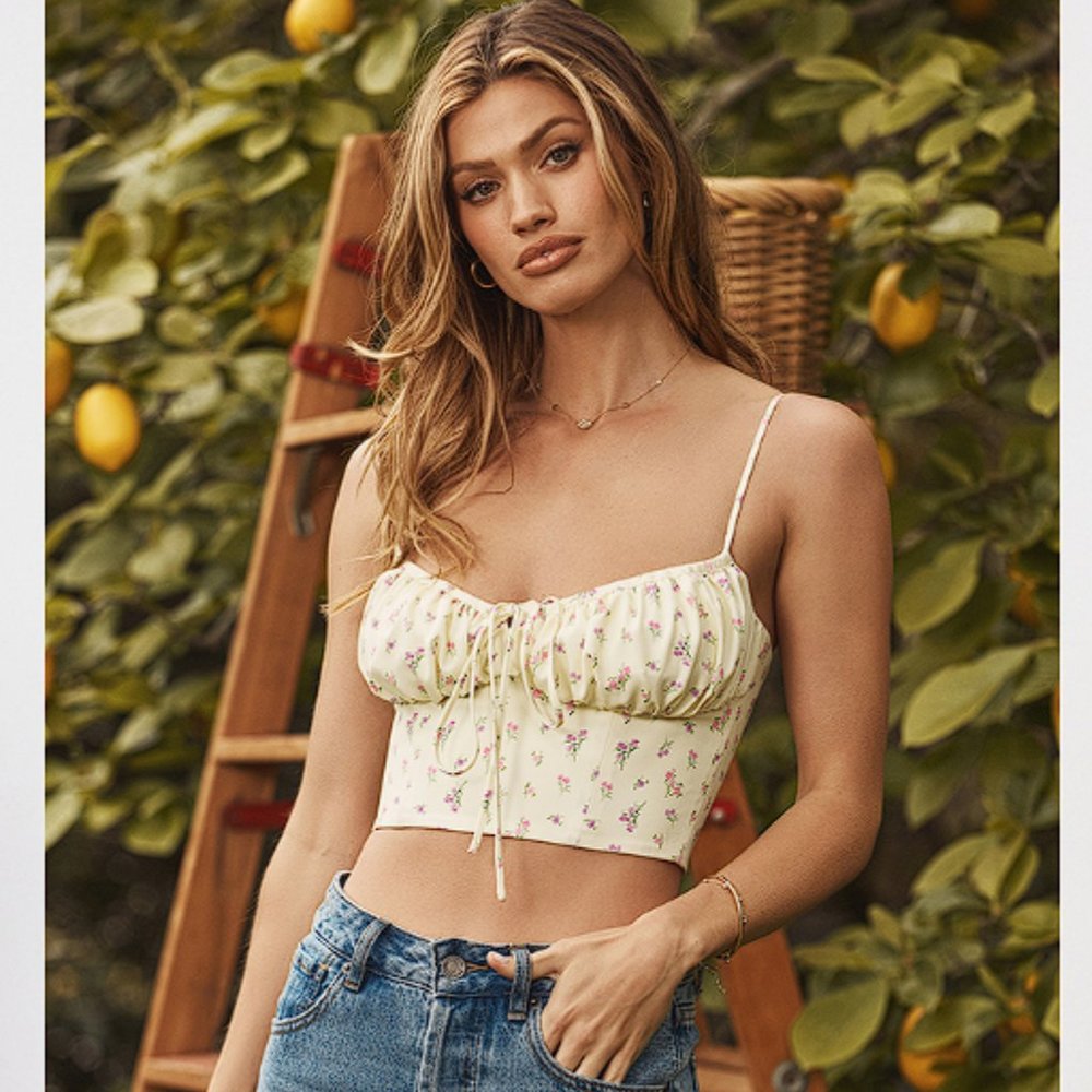 HOUSE OF CB 'Lilibeth' Lemon Ditsy Floral Gathered Bustier Top NWOT